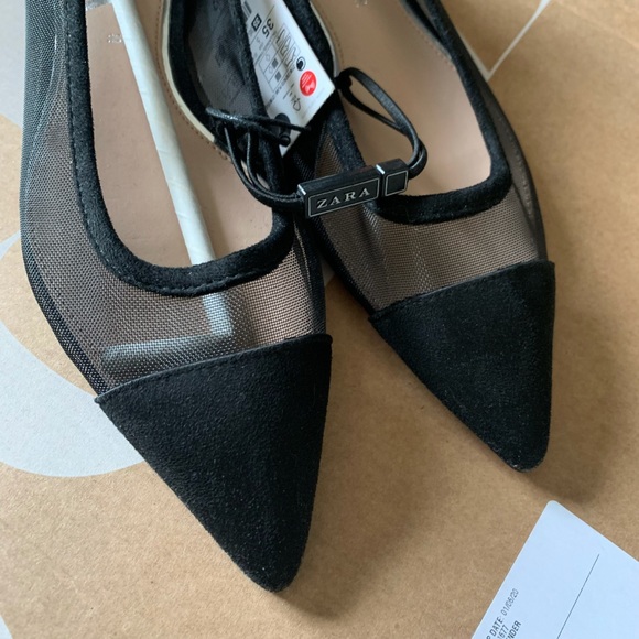 NEW ZARA BLACK MESH SUEDE POINTY BALLET FLATS 6 - Picture 2 of 7